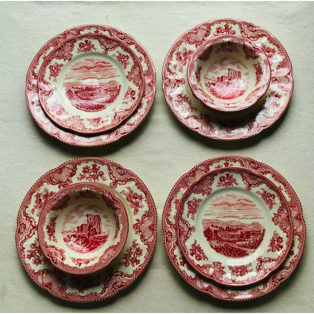 English Johnson Bros "Old Britain Castles" Red Transferware Breakfast Set, 8 Pieces — C. 1980s, England For Sale - Image 3 of 18