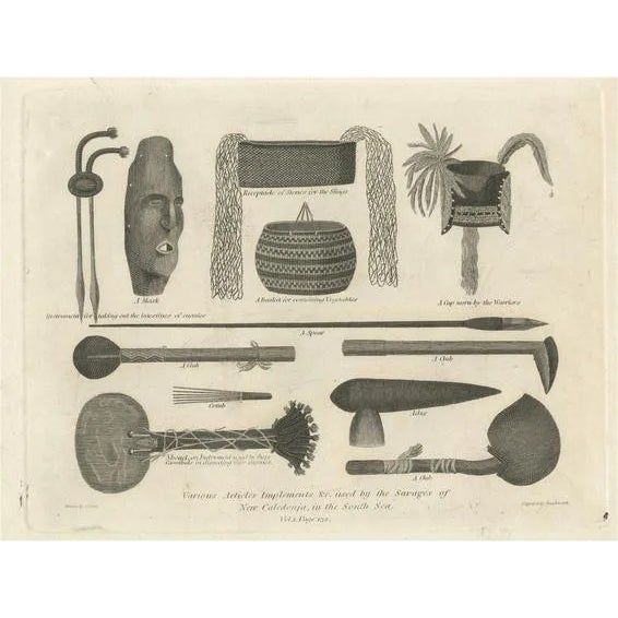Engraving of New Caledonian Implements and Attire, 1800s, Paper For Sale