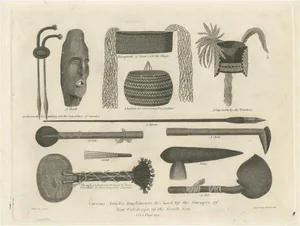 Engraving of New Caledonian Implements and Attire, 1800s, Paper
