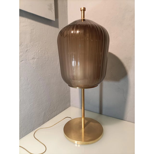 Mid-Century Modern Large Satin Brass & Ribbed Milky Glass Floor Lamp For Sale - Image 3 of 8