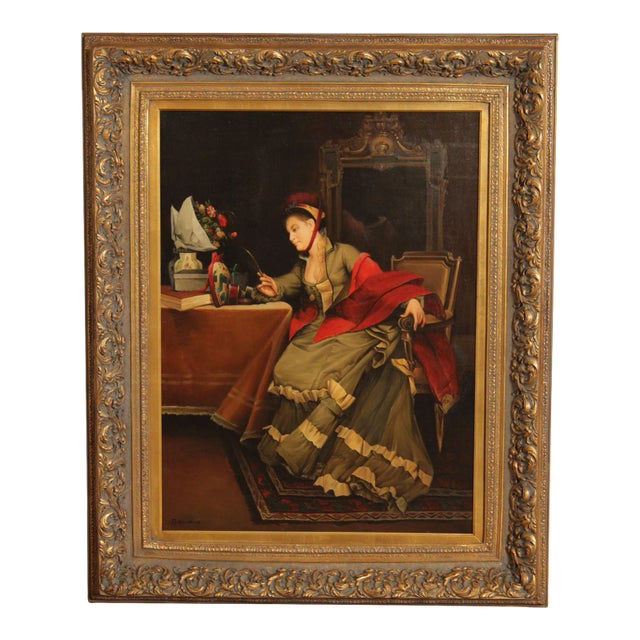 Vintage 20th C. Portrait of Victorian Woman Oil Painting, Signed 'D. Hawkins' For Sale