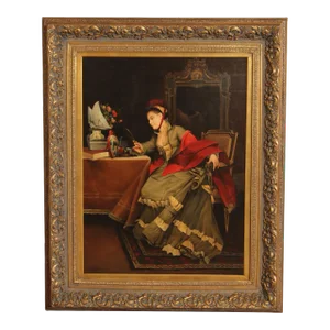 Vintage 20th C. Portrait of Victorian Woman Oil Painting, Signed 'D. Hawkins'