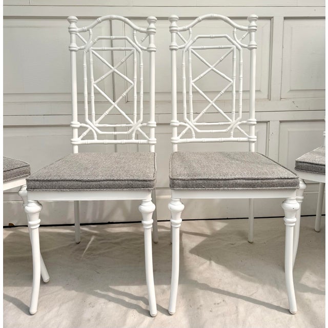 Metal Set of 4 Restored Kessler Faux Bamboo Fretwork Chinoiserie Dining Chairs, Indoor/Outdoor For Sale - Image 7 of 17
