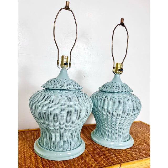 Vintage pair of newly lacquered wicker lamps. Woven wicker ginger jar shaped lamps, newly refinished in Benjamin Moore's...