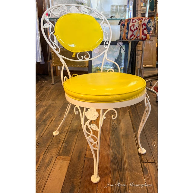 Vintage 1960s 5-piece white cast iron and marble patio set with bright yellow, vinyl seat and back cushions. White painted...
