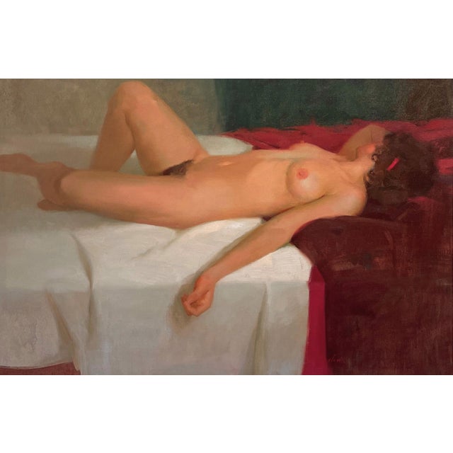 Reclining Nude by Kang Cho | Oil Painting of a nude woman lying on a bed For Sale