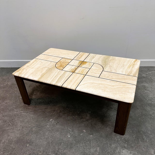 Travertine Coffee Table with Sculptural Top and Oak Base, 1970s For Sale - Image 6 of 15