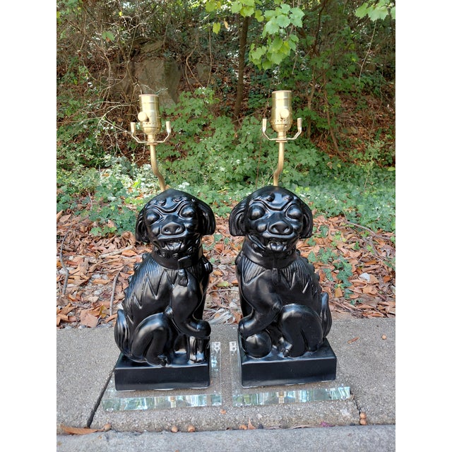 Contemporary Vintage Black Ceramic Dog Table Lamps on New Clear Bases - a Pair For Sale - Image 3 of 5