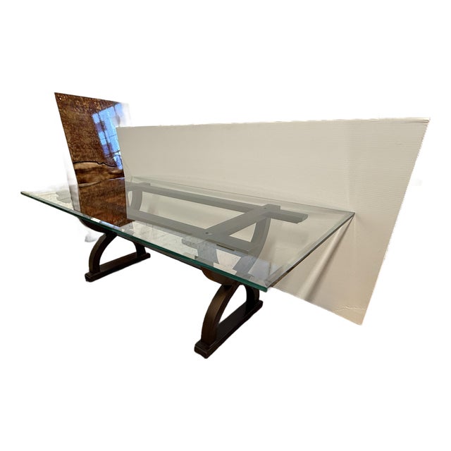 Contemporary Sculptural Trestle Wood + Glass Dining Table For Sale