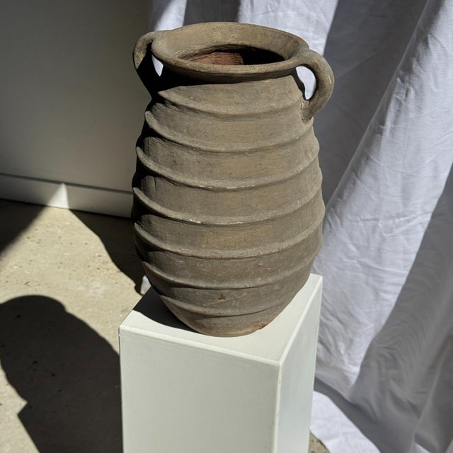 Rustic Large Ovoid Vase with Double Handles and Raised Grey-Beige Ridges, 1980s For Sale - Image 3 of 11
