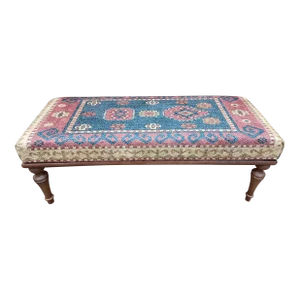 Farmhouse Style Printed Rug Fabric Upholstered Wooden Bench
