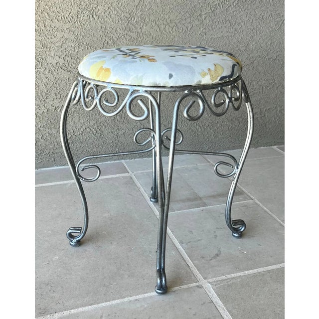 Late 20th-Century Wrought Steel Vanity Stool With Newly Upholstered Seat Cushion For Sale - Image 4 of 11