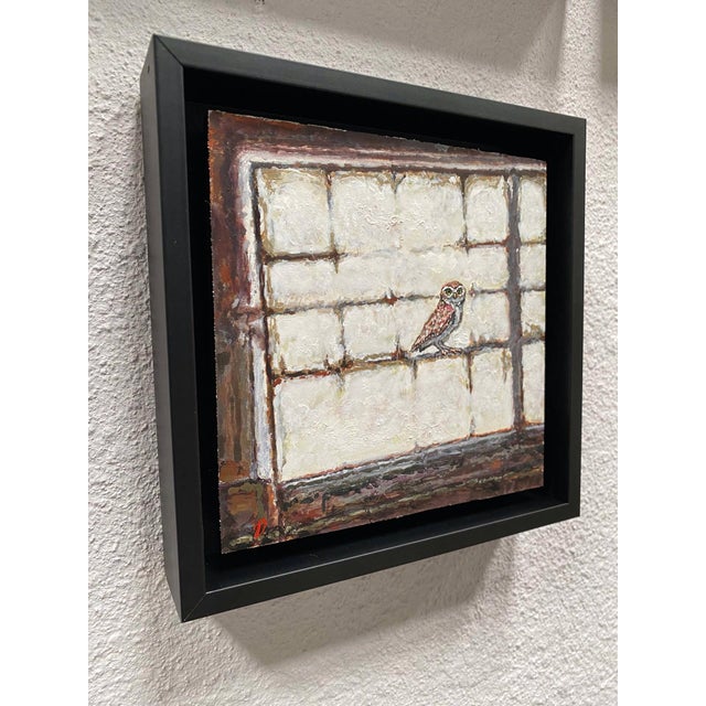 Contemporary Burrowing Owl Wyoming by Delton Demarest | Mixed Media Owl perched by a window. For Sale - Image 3 of 5
