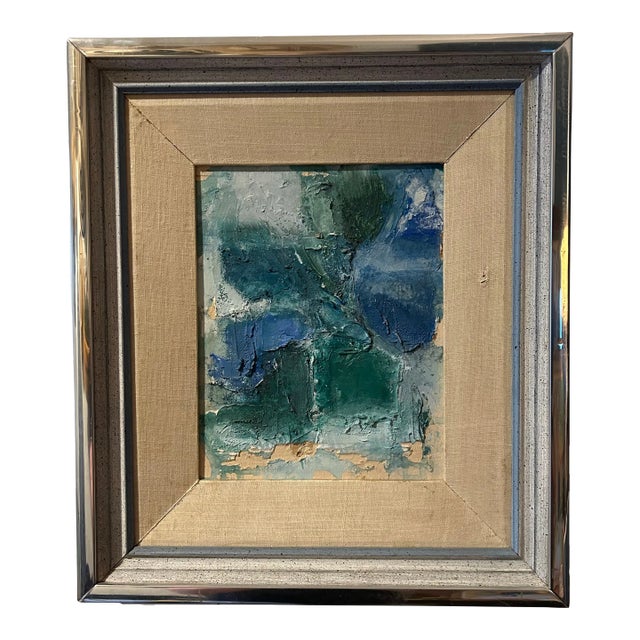 Mid Twentieth Century Original Blue and Green Abstract Oil Painting, Framed For Sale
