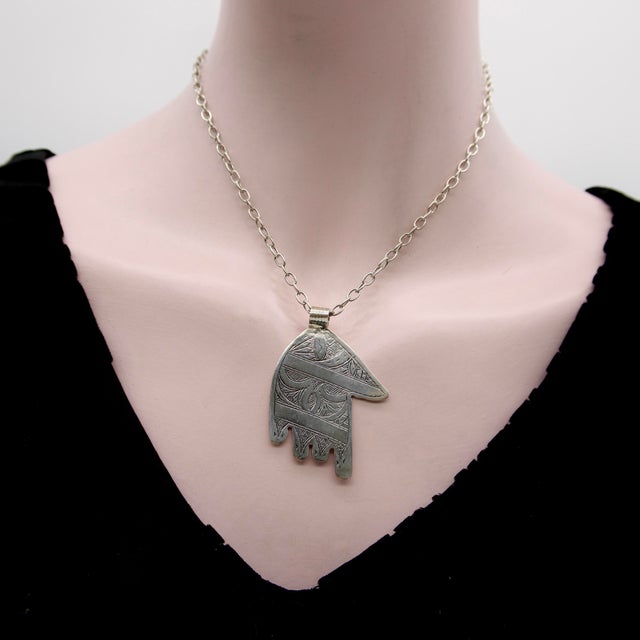 Metal Vintage Berber Hand of Fatima/ Hamsa Sterling Silver Pendant With Geometric Motif For Sale - Image 7 of 9