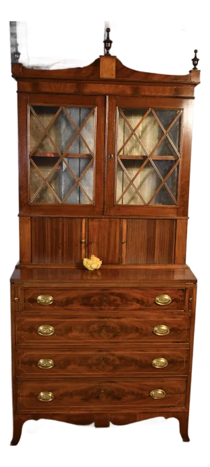 1860s English Sheraton Flame Mahogany Secretary Desk Hutch Display Cabinet Bookcase