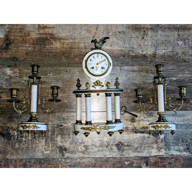 Louis XVI Style Guilded Bronze and White Marble Fireplace Set, Late 19th Century-Early of 20th Century, Set of 3 For Sale - Image 4 of 9