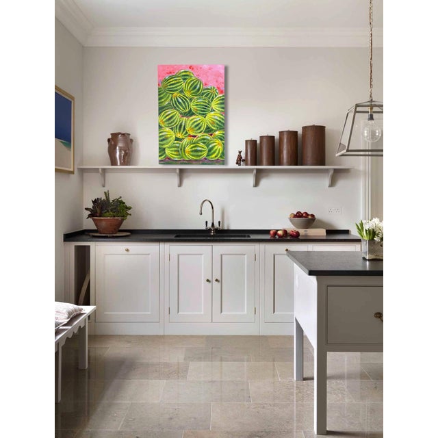 A vibrant and lively painting of graphic striped green melons with bright pink background. Painted by New York artist Fred...