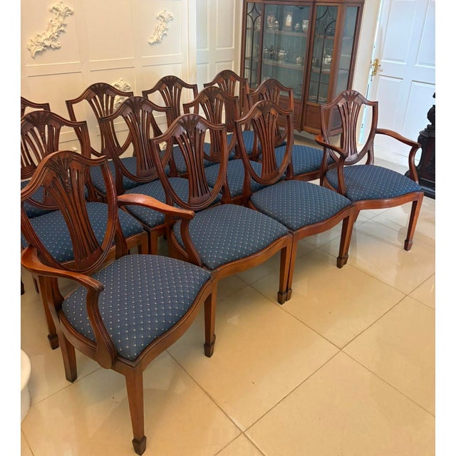 Antique Mahogany Shield Back Dining Chairs and Carvers, 1920, Set of 12 For Sale - Image 3 of 18