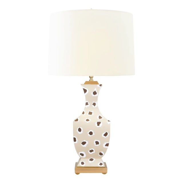 Matthew Izzo Home Gina Handpainted Metal Tole Table Lamp in a Brown Spotted Leopard Pattern With a Cream Silk Shade For Sale