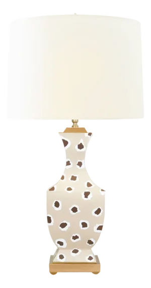 Matthew Izzo Home Gina Handpainted Metal Tole Table Lamp in a Brown Spotted Leopard Pattern With a Cream Silk Shade