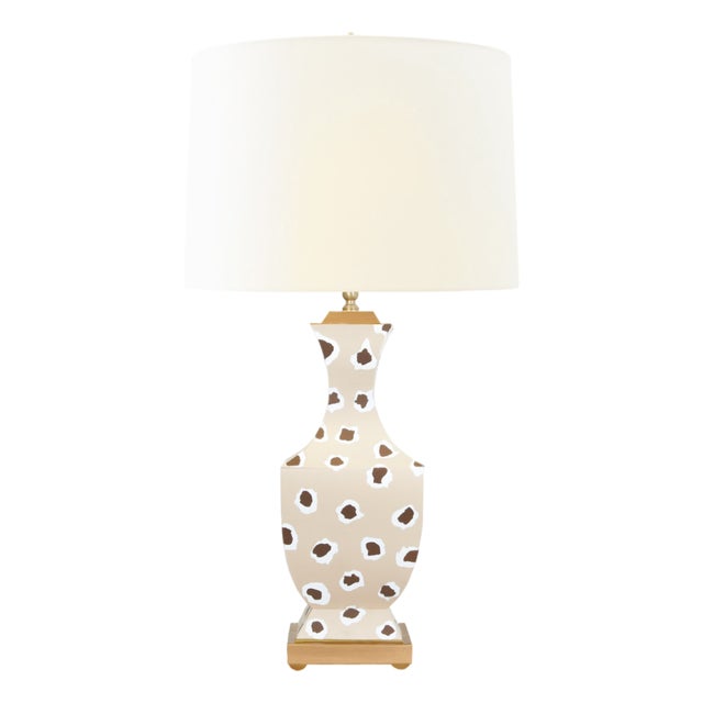 Matthew Izzo Home Gina Handpainted Tole Table Lamp in a Brown Spotted Leopard Pattern With a Cream Silk Shade For Sale