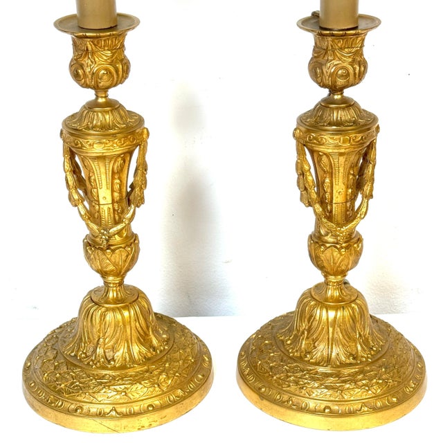 Pair of Neoclassical Louis XVI-Style Ormolu Candlesticks, Now as Lamps For Sale In West Palm - Image 6 of 12