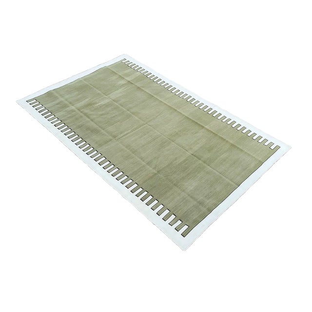 Not Yet Made - Made To Order Handmade Cotton Area Rug Vegetable Dyed Olive Green and White Zig Zag Striped Rug-12'x15' For Sale