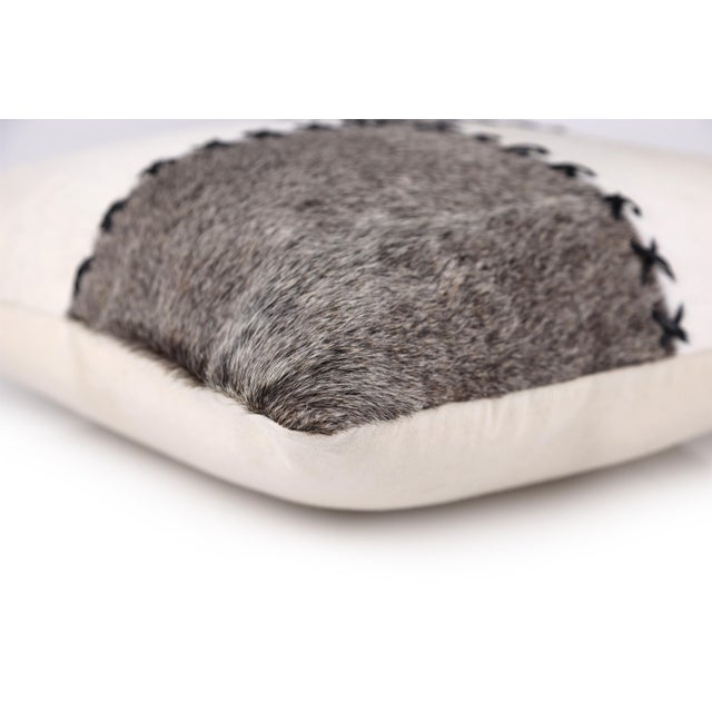 Luxury White & Gray Genuine Cowhide Leather Patchwork Throw Pillow 16x24 | Handmade Designer Lumbar Cushion For Sale In San Francisco - Image 6 of 9