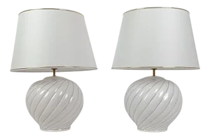 Table Lamps in White and Gold Glazed Ribbed Ceramic by Tommaso Barbis, 1970s, Set of 2