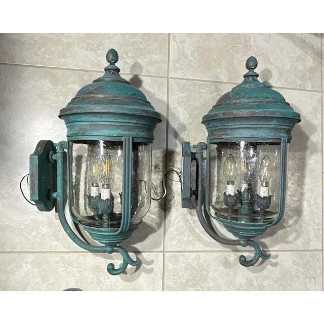 1990s Pair of Vintage Solid Brass Wall Lanterns /Sconces 22”x10”x11”.5 For Sale - Image 5 of 16