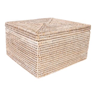 Artifacts Rattan Flat File Organizer Storage Box with Lid in White Wash For Sale