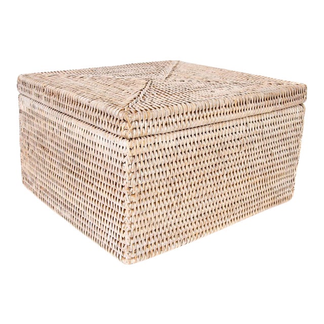 Artifacts Rattan Flat File Organizer Storage Box with Lid in White Wash For Sale