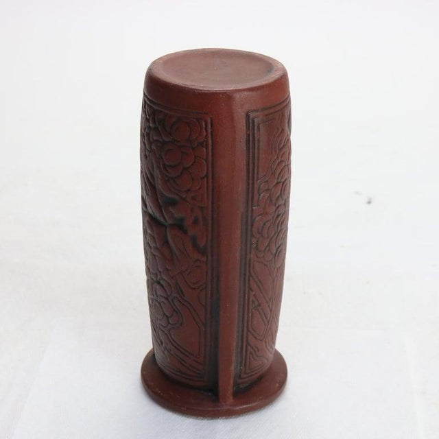 Antique Arts & Crafts Embossed Paneled Grape & Leaf Redware Pottery Vase C1920 For Sale - Image 6 of 9