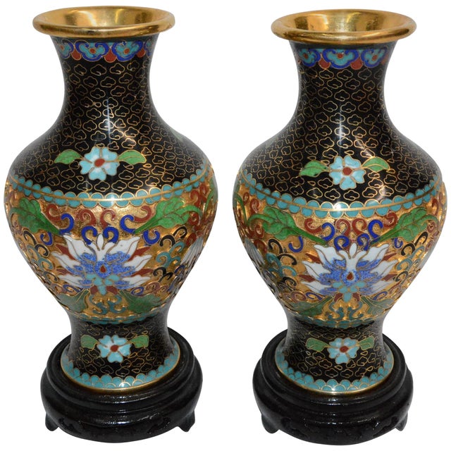Pair of Chinese Cloisonne Vases on Lacquered Wooden Stands For Sale - Image 9 of 9
