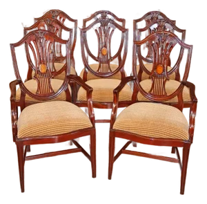 1990s Stunning Set of 8 Mahogany Inlaid Hepplewhite Regency Style Sheild Dining Chairs