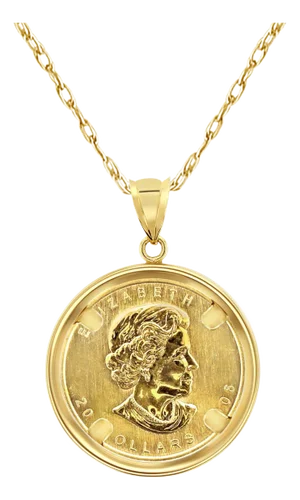 1/2OZ Canadian Maple Leaf Coin Necklace with Polished Bezel 14k Yellow Gold 16"