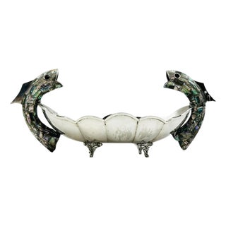 1960s Mexican Silver Plate Center Bowl With Abalone Fish Handles, Signed a.c.t. Taxco For Sale