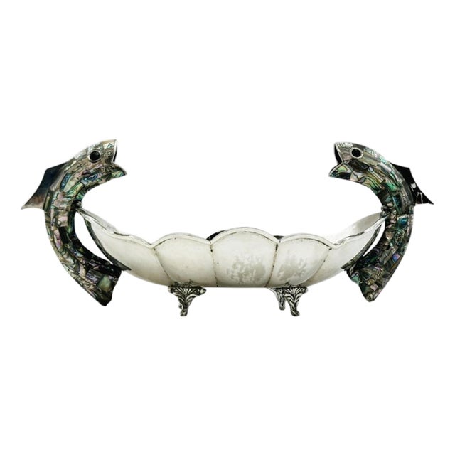 1960s Mexican Silver Plate Center Bowl With Abalone Fish Handles, Signed a.c.t. Taxco For Sale