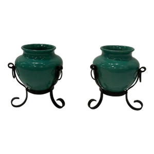 Italian Pottery Vases in Hand Wrought Iron Frames -A Pair