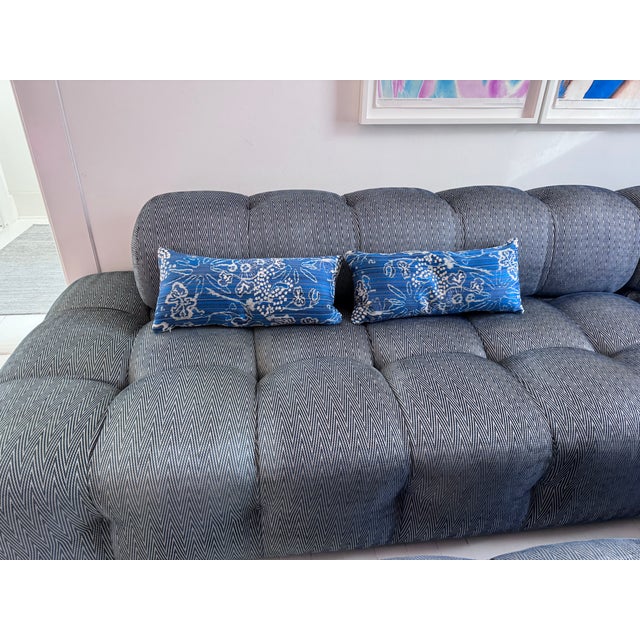 Blue and beige floral patterned chenille pillows custom made feather inserts.