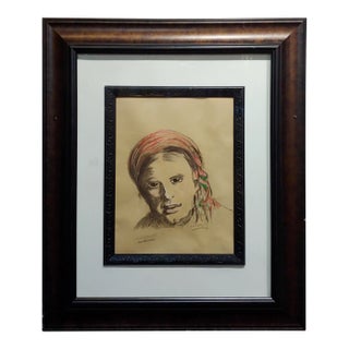 Leon Wyczólkowski -Portrait of a Woman in a Red Headscarf-Pastel Drawing on Paper For Sale