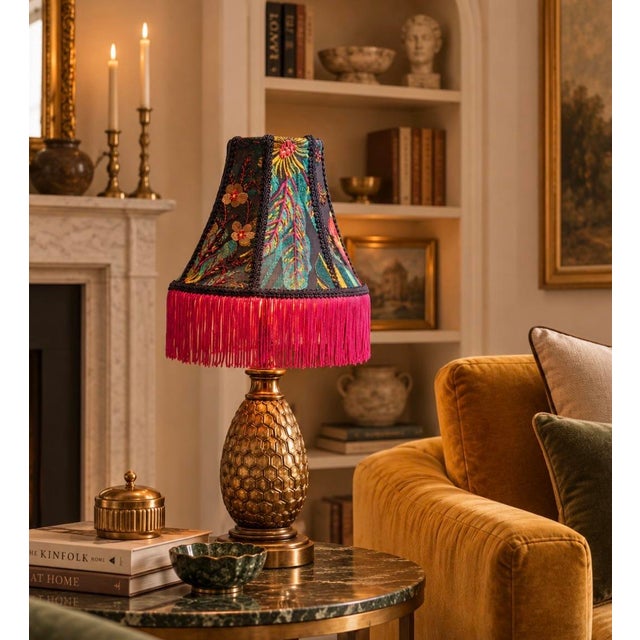 Textile Handcrafted Covington Abelia Garden Embroidered Designer Lamp Shade With Rayon Pink Fringe For Sale - Image 7 of 7