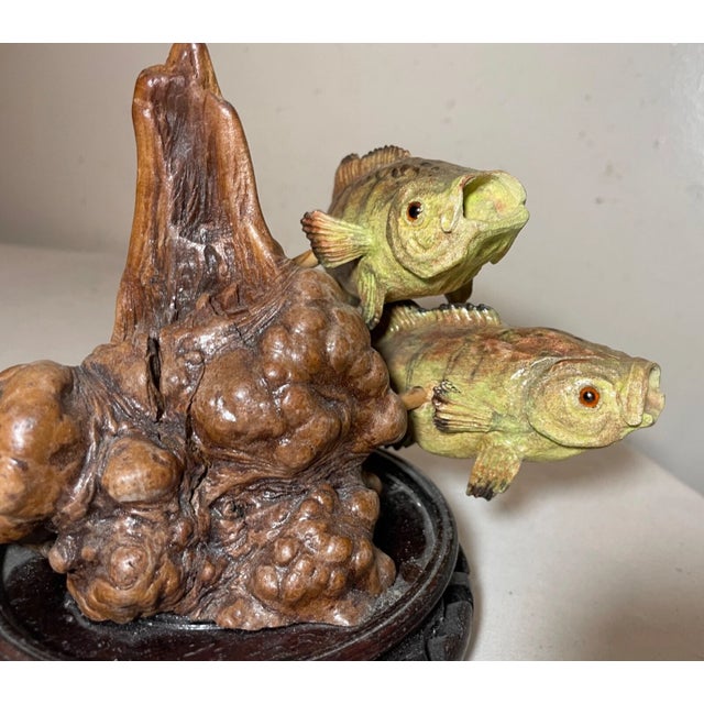 Vintage Hand Carved Painted Wood Burl Fish Two Bass Sculpture Statue Figure Art For Sale - Image 9 of 11