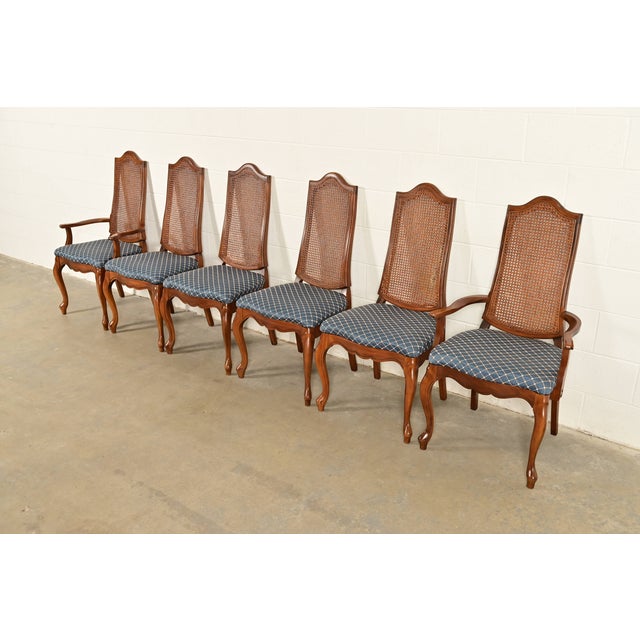 Baker Furniture Style French Provincial Louis XV Carved Walnut and Cane Back Side Chairs or Dining Chairs, Pair For Sale - Image 13 of 14