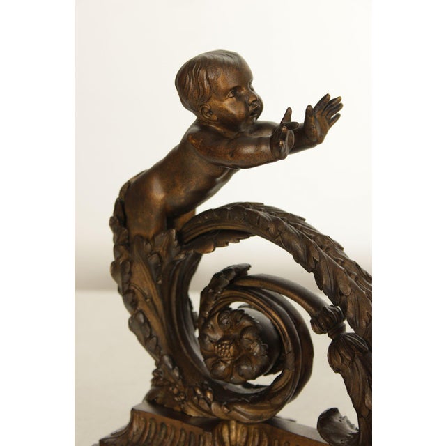 19th Century French Louis XV Style Antique Bronze Pair of Cherub Andirons For Sale - Image 5 of 18