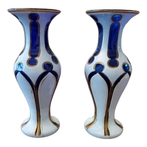 Antique Moser Bohemian Glass Overlay Cobalt Vases- a Pair