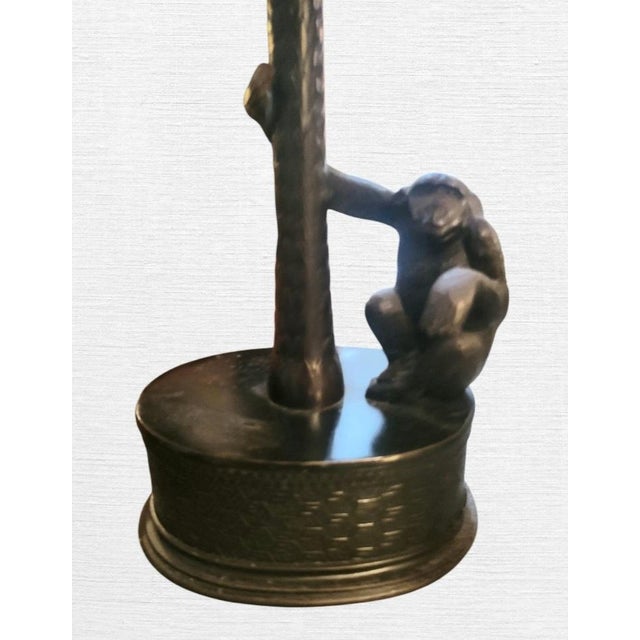 Dorothy Draper Vintage Palm Beach Regency Cast Iron Palm Tree Monkey Table Lamp W/ Hard Pleated Bell Red Parasol Shade For Sale - Image 4 of 12