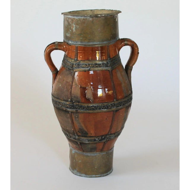 Art Deco Spanish Brutalist Partially Glazed Ceramic & Brass Vase For Sale - Image 3 of 11