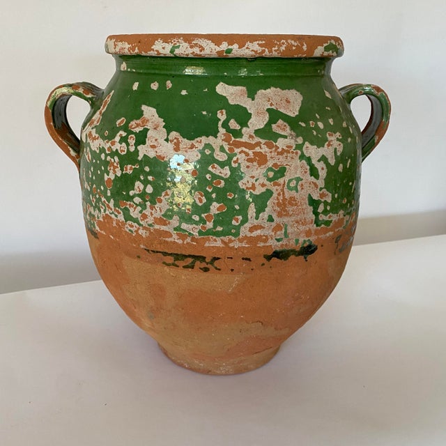 Early 20th Century Antique French Green Partially Glazed Pottery Vase With Handles For Sale - Image 5 of 10